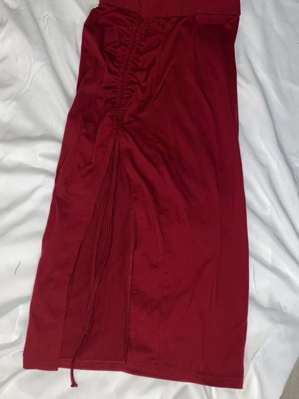 SHEIN Wine Red Midi Drawstring Side-Slit Skirt